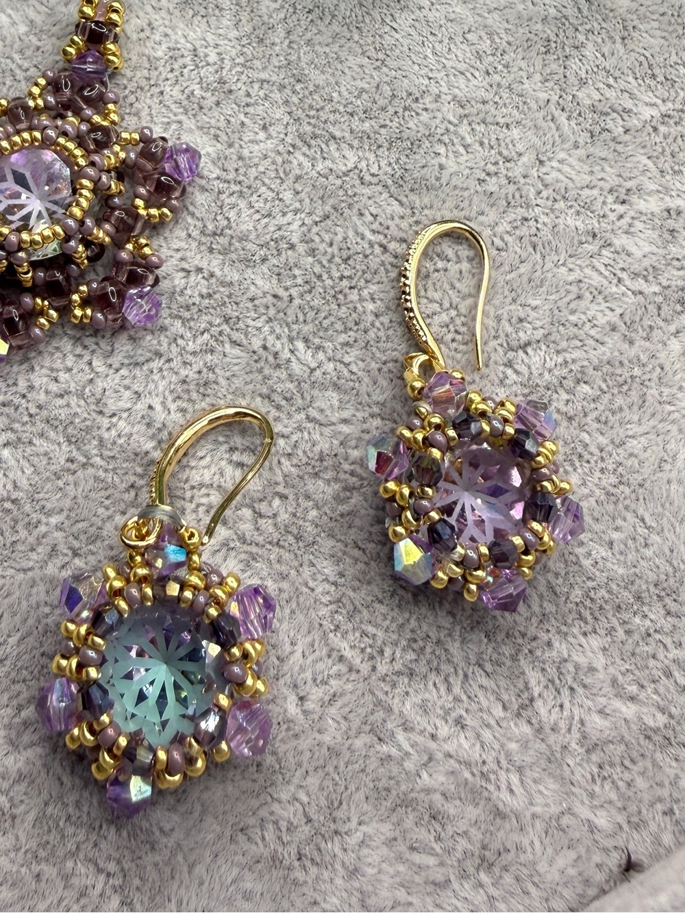 Gold Beaded Purple Crystal Drop Earrings